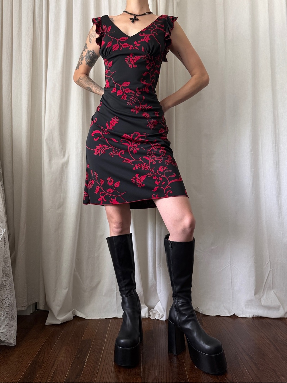 Vintage DBY Black & Red Midi Dress Women's Size 3/4 | Y2K Goth 90s